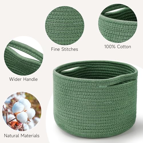 Small Rope Baskets for Storage, Baskets for Gifts Empty, Cute Round Woven Basket, Decorative Shelf Baskets 9.82×9.82×7.1", Cotton Toy Basket Storage Bins for Organizer 3 Packs Green - color: Green-3PCS