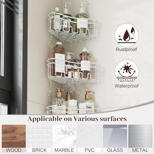 White Shower Caddy Corner, 3-Pack Adhesive Shower Shelves for Inside Shower, Rustproof Bathroom Organizer Corner with Built-in Hooks, No Drilling Bathroom Storage for Bath Accessories - color: WHITE
