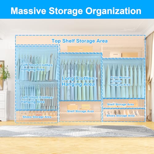 Ulif E13C Max Heavy Duty Closet Organizer System，Freestanding Clothing Racks for Hanging Clothes，Adjustable Garment Rack 86" W x16 D x77 H Hold 1100 lbs，White Rack with White Dustproof Cover - color: White Rack with White Cover, size: E13C Max