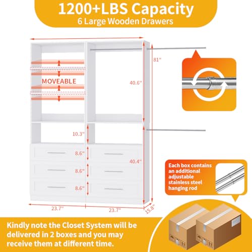 Closet System with 6 Drawers, Wood Closet Organizer System, Walk-in Closet or Small Closet System with Shelves, Modular Closet Systems with 3 Expandable Hanging Rods, 2 Sets, White (4FT) - size: 4FT