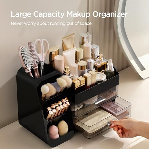 HBlife Cologne Organizer for Men Makeup Organizer with Brush Holder for Vanity, Large Plastic Bathroom Countertop Organizer Skin Care Storage, Fathers Day Gift for Dad Husband, Black - color: Black, size: Large