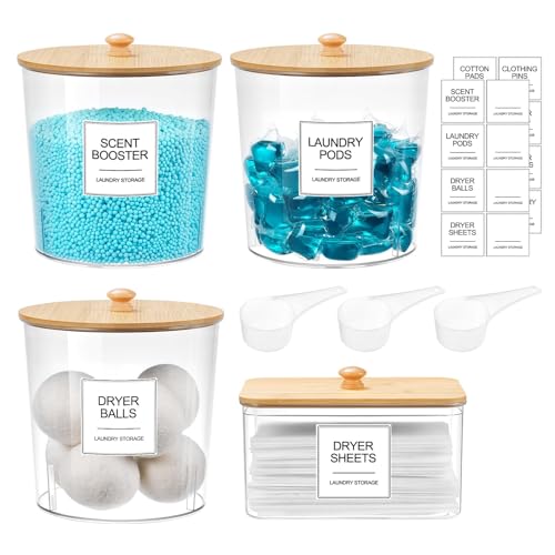 Laundry Pods Container & Dryer Sheet Holder, Laundry Room Organization and Storage Jars with Lids, Labels & Scoops for Powder Detergent Scent Booster - color: Wood