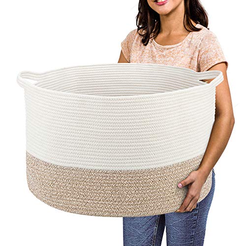 R RUNKA Extra Large Cotton Rope Basket 22" x 14" - Toy Basket for Kids -Blanket Basket for Living Room - Woven Baskets for Storage - color: White + Beige
