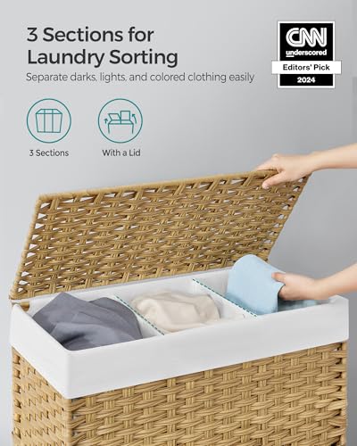 SONGMICS Laundry Hamper with Lid, 37 Gallons (140 L), Rolling Laundry Basket with Wheels, 3-Section Synthetic Rattan, Removable Liner, Bedroom, 26 x 13 x 26 Inches, Natural ULCB363N01 - color: Natural, size: 140 L