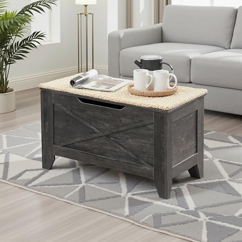 VECELO 30" Storage Bench, Entryway Shoe Ottoman, Farmhouse Style Bench with Handwoven Cushion and Metal Safety Hinges, for Bedroom, Living Room, Entryway, Gray - color: Grey, size: 30"W