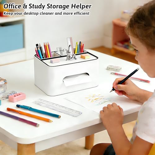 PU Leather Tissue Box Cover Square - Multifunctional Tissue Box Holder with Storage, Tissue and Remote Control Holder Organizer with Compartments for Bedroom Nightstand, Desk, Living Room (White) - color: White