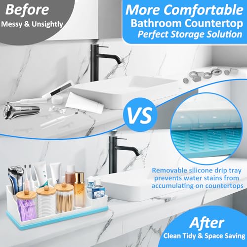 Bathroom Counter Organizer, Large Silicone Toothbrush Holders for Bathrooms with 3PCS Qtip Holder, Detachable Bathroom Organizer Countertop Toothbrush and Toothpaste Holder Makeup Organizer for Vanity - color: White Blue With 3pcs Dispenser