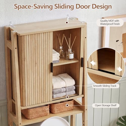 weselon Over the Toilet Storage Cabinet with Fluted Sliding Doors, Bathroom Space Saver Organizer, Freestanding Over Toilet Storage Rack for Small Bathroom, Wall-Anchored Wooden Cabinet (Natural) - color: Natural