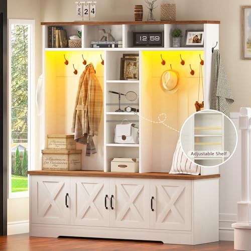 CSZZD Hall Tree with Bench and Shoe Storage, Farmhouse Entryway Bench with Coat Racks and Led Lights, Large Hall Tree with 12 Coat Hooks, 8 Storage Cubbies, Adjustable Shelf