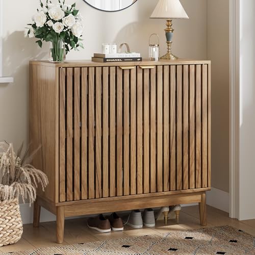 Kiasthome Shoe Storage Cabinet with Ventilated Slatted Doors, Wooden Shoe Organizer, Shoes Rack for Entryway, Hallway, Living Room - color: Natural Wood, size: 31.5" W