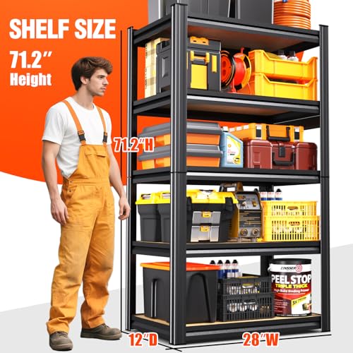 Garage Shelving Heavy Duty 5-Tier Storage Shelves, Adjustable Shelving Unit, Utility Garage Organizer Shelf for Basement, Pantry, Kitchen, Warehouse,Supermarket, 12" Dx28 Wx71.2 H, Black - size: 5-Wood-12"Dx28"Wx71.2"H