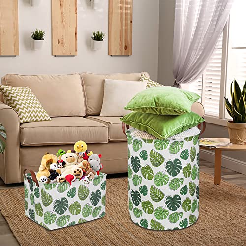 NTAOHAMPER Round Green Laundry Hamper, Jungle Themed Nursery Decor, Tropical Pattern Basket, Monstera Room Decor,Waterproof Storage Bin, Gift Basket(Leaf) - color: Leaf