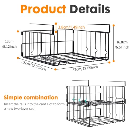 Hanging Under Shelf Storage Basket, 2 Pack Foldable Under Cabinet Metal Desk Storage Wire Rack Organizer for Kitchen Pantry Bookshelf Office Home, Easy to Install Slide-in Under Shelves (Black) - color: Black 2