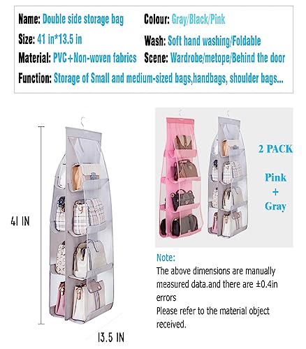AARAINBOW 2 Packs Hanging Handbag Purse Organizer, Hanging Hand Bag Organizer Wardrobe Closet Purse Holder, 8 Pockets, 43.3L x 14.1W (B Gray Light Pink) - color: B Gray Light Pink