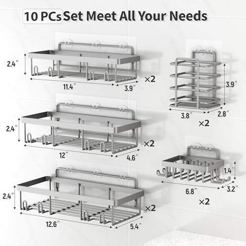 Liuoud 10 Pack Shower Caddy Organizer Rack Shelf for Inside Shower, Self Adhesive Wall Storage Basket Rustproof Stainless Steel Shampoo Holder Bathroom Accessory Decor Set, Grey - color: Grey