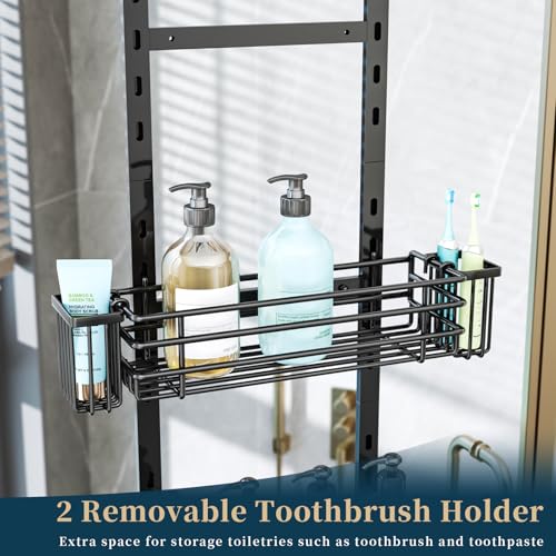 Consumest Over The Door Shower Caddy - 5 Tier Adjustable Shower Organizer Hanging with 2 Toothbrush Holders & 4 Hooks, Rustproof Organizer Shelf, Storage Rack for Bathroom, Black - color: Black, size: 5-Tier