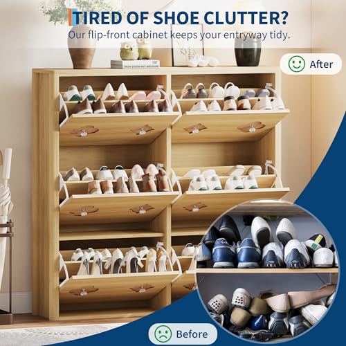 GarveeHome Shoe Storage Cabinet with 6 Flip Drawers, Narrow Wood Shoe Organizer Cabinet with Floral Pattern, Freestanding Slim Shoe Rack Cabinet with Adjustable Shelves, for Entryway, Hallway, Natural - color: Natural Wood Color, size: 6-Drawers