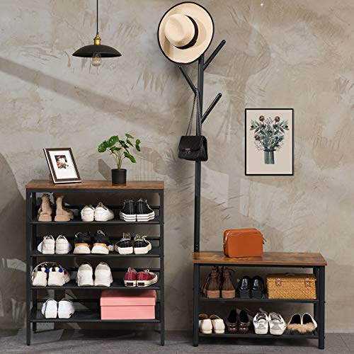 HOOBRO Coat Rack Shoe Bench, 3-Tier Shoe Rack, Industrial Shoe Organizer Storage Bench, Entry Bench with Mesh Shelves, for Entryway, Living Room, Hallway, Easy Assembly, Rustic Brown BF12HX01