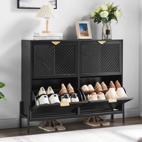 Shoe Cabinet Storage with 4 Flip Drawers, Narrow Hidden Shoes Organizer Cabinet for Entryway, Freestanding Slim Shoe Rack Front Door Entrance(Black) - color: Black, size: Large