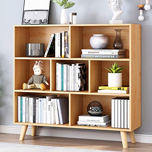 IOTXY Wooden Open Shelf Bookcase - 3-Tier Floor Standing Display Cabinet Rack with Legs, 7 Cubes Bookshelf, Pear Yellow - color: Pear Yellow, size: 80CM