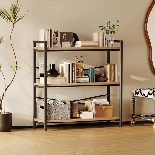 Book Shelf, 3 Tier Bookshelf 31.49" Width, Book Shelf Storage and Organization, Wooden and Metal Industrial Bookcase, Large Book Shelves for Home Living Room Bedroom Office Storage(Light Coffee) - color: Light Coffee, size: 3 Tier - 31.5" W