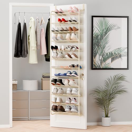 Whitmor 36 Pair Over The Door Shoe Organizer, 12 Tier Hanging Shoe Organizer, Heavy Duty Metal & Mesh Shoe Holder, Hanging Shoe Rack for Closet Organizer & Storage, 69"L x 21.7"W x 7.5"H, Beige - color: Beige, size: Shoe Rack