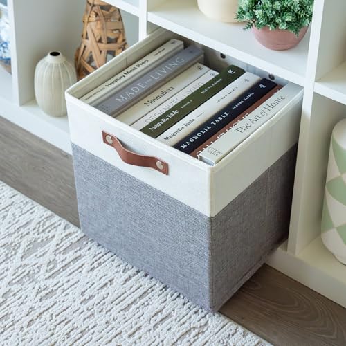 OrganiHaus 12" x 12" x 12" Fabric Cube Storage Bins - Set of 4, Cube Fabric Organizer Bins with Vegan Handles, Kallax Storage Cubes, 12Inch Cubic Baskets for Shelves - Grey / White - color: Gray Base / Off-White, size: (12x12) Leather Handles