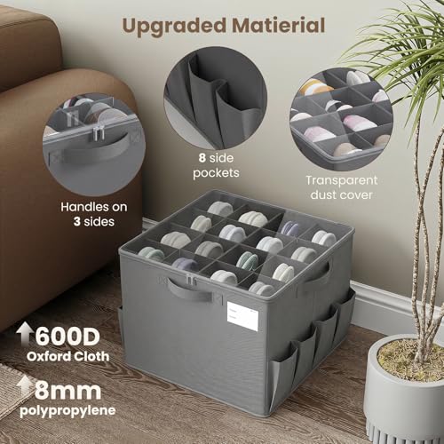 Varhomax Foldable Shoe Organizer Box, Fabric Storage Bin with Clear Cover & Adjustable Dividers, Holds up 16-32 Pairs of Sneakers & Sandals for Closet, Entryway (Gray) - color: Gray - 1 Pack