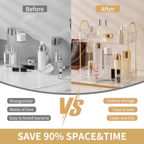 YCIA&DONE Bathroom Organizer Countertop, Makeup Storage, Skincare Cosmetic Tray Shelf, Perfume Holder Rack for Vanity Counter, Large Capacity, Easy to Install, Clean, 2 Tiers, Clear White - color: Clear White, size: 2-Tier