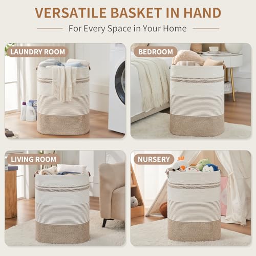 AINUOQI Laundry Basket with Handles - Blanket Basket & Hampers for Bedroom Aesthetic, Laundry Hamper & Blanket Storage for Living Room, Clothes Hamper, Tall, Large 17" x 14" x 22”, Light Brown & White - color: Light Brown & White, size: 85L