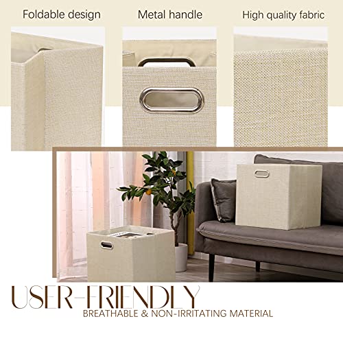 Cube Storage Bins 13×13 Inch Linen Foldable Box with Handles, Collapsible Organization Basket Set of 4 Large Capacity Drawer for Closet Shelf Cabinet Bookcase Bedroom, Beige - color: Beige