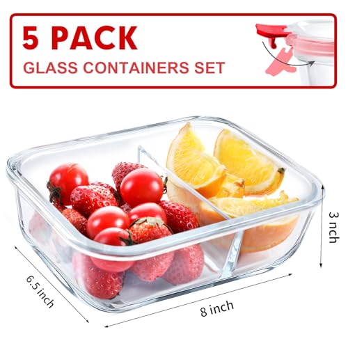 VERONES 5 Pack Glass Meal Prep Containers 2 Compartment Set, 36OZ Airtight Glass Lunch Containers, Glass Food Storage Containers with Lids, for Microwave, Oven, Freezer & Dishwasher Friendly,Red - color: Red