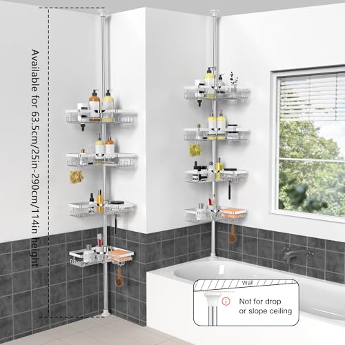 KEGII Corner Shower Caddy Tension Pole - Chrome 4-Tier Adjustable Shower Tension Rod Organizer with Hooks & Soap Holders, 25-114.2 Inch Stainless Steel Shower Storage Rack for Renters & Family - style: Tension Caddy - Chrone