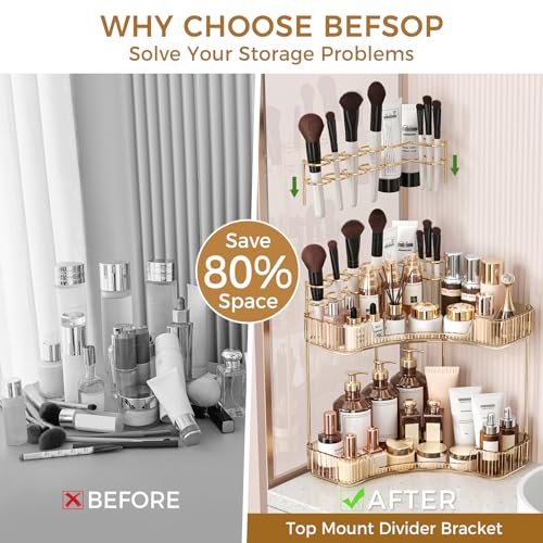 BEFSOP Corner Bathroom Counter Organizer, Upgraded 2-Tier Makeup Organizer Countertop with Makeup Brush Holder, Skincare Exquisite Vanity Organizers Countertop Bathroom Storage Dresser(GOLD) - color: Gold, size: 2 Tier