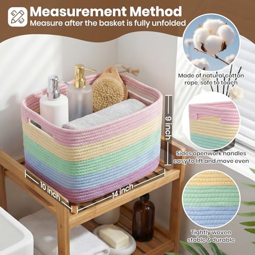 Storage Baskets for Organizing, 14 x 10 x 9” Closet Shelf Woven Baskets, Square Bins with Handles, Cotton Rope Basket for Toys, Clothes, Office, Room, Rainbow 3 Pack - color: Rainbow, size: 3pcs