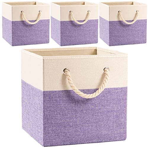 PRANDOM Large Foldable Cube Storage Bins 11x11 inch [4-Pack] Fabric Linen Storage Baskets Cubes Drawer with Cotton Handles Organizer for Shelves Nursery Closet Bedroom Purple - color: Purple, size: 11x11 inch(4-Pack)