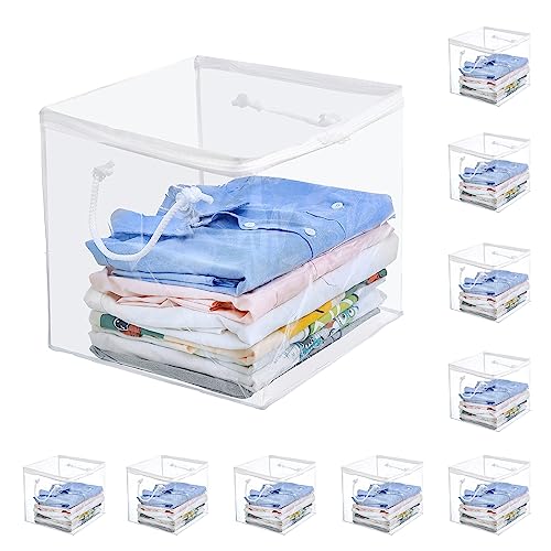 10-Pack Clear Zippered Storage Bags with Handles, Two-Way Zipper Foldable Closet Organizer, Bed Sheet Organizer, Plastic Storage Bin for Clothes, Towels - color: White, size: 11.81*11.81*11.81 inches