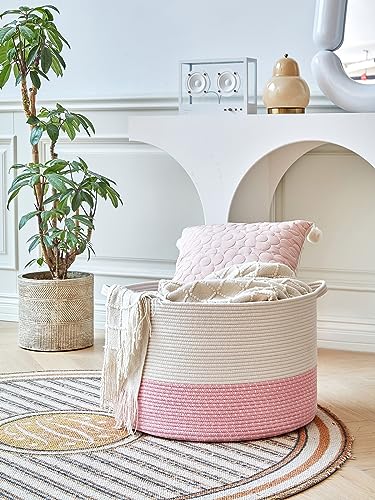 R RUNKA Extra Large Cotton Rope Basket 22" x 14"| Toy Basket - color: White & Pink