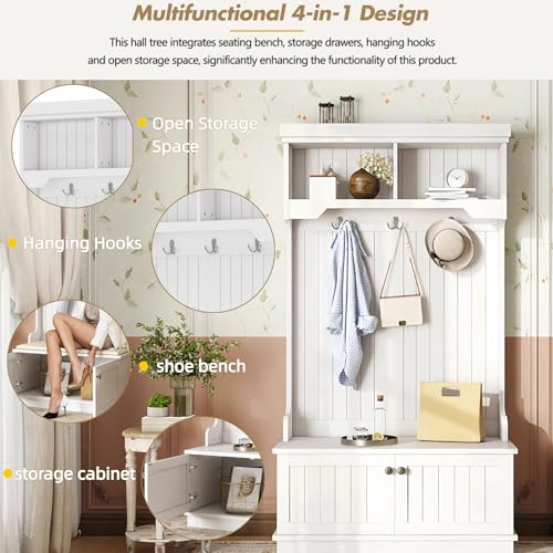 4-in-1 Entryway Hall Tree with Storage Shoe Bench, Coat Rack with Hooks, Open Shelves & Cabinet, Modern Organizer for Mudroom Hallway (White) - color: White
