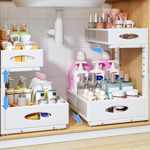 Under Sink Organizer, 2 Tier Pull Out Under Cabinet Organizer Shelf with Pad for Framed Cabinets, Metal Slide Out Under Sink Storage, Mesh Sliding Drawers for Kitchen Bathroom Laundry(White, 1 Pack) - color: White, size: 1-Pack