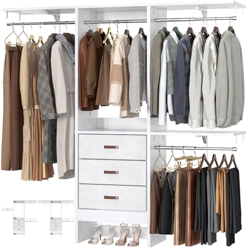 Armocity 5FT Small Closet System with 3 Fabric Drawers, 60 Inches Walk In Closet Organizer System With 3 Adjustable Shelves, Heavy Duty Clothes Rack Built-In Garment Rack, 59" L x 16" W x 71" H, White - color: White