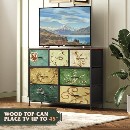WLIVE 7 Drawer Dresser TV Stand, Entertainment Center, Media Console Table with Metal Frame and Wood Top for TV up to 45 inch, Chest of Drawers for Bedroom, Living Room, Floral Painted - color: Floral Painted