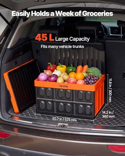 VEVOR Plastic Collapsible Storage Bins with Lids, 45L 3Packs, Stackable Folding Storage Crates with Handles, Holds 44 lbs Per Bin, Heavy Duty Containers, Space-Saving Baskets, for Home Organizing - size: 45L-Orange-3PC