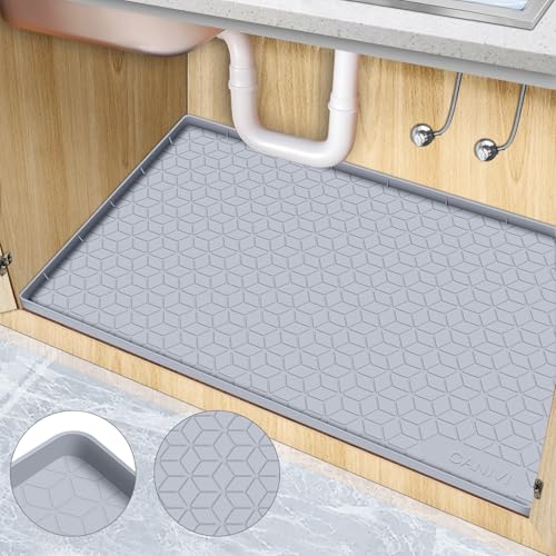 Under Sink Mat, 34" x 22" Waterproof Silicone Under Sink Tray for Kitchen & Laundry Cabinets, Kitchen Cabinet Shelf Protector, Up to 3.3 Gallons Liquid, Fits 36 inch Standard Cabinet Light Grey - color: Light Grey, size: 22"W x 34"L