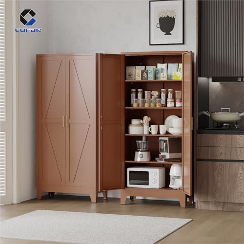 COFaR Metal Pantry Cabinet with Doors, Farmhouse 71'' Tall Storage Cabinet with 4 Adjustable Shelves, Kitchen Pantry Cabinet for Dinning Room, Garage, Laundry, Bathroom, Brown 5-Tier - color: Brown, size: 71 Tall 2 Doors-Farmhouse