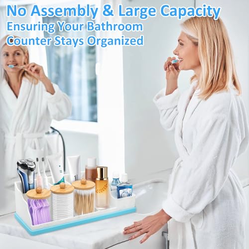 Bathroom Counter Organizer, Large Silicone Toothbrush Holders for Bathrooms with 3PCS Qtip Holder, Detachable Bathroom Organizer Countertop Toothbrush and Toothpaste Holder Makeup Organizer for Vanity - color: White Blue With 3pcs Dispenser