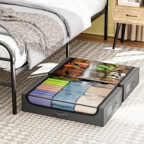 FDW Under Bed Storage Containers 2-Pack Closet Organizers Foldable Storage Bins with Clear Window Storage Containers for Shoes, and Books, Grey - color: Grey