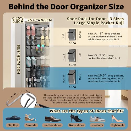 PAULONE Over the Door Organizer with 30 Large Pockets, 3 Sizes of Closet Hangers, Holds up to 69 lbs, Hanging Organizer with Clear Window for Children's Toys, Shoes, Diapers (Gray) - color: Gray