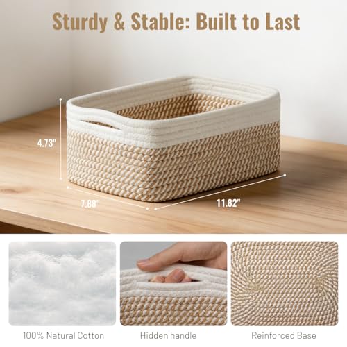 5 Pack Small Woven Storage Baskets for Shelves, Cotton Rope Baskets Organizer for Bathroom, Closet & Nursery, Decorative Storage Bins for Organizing Socks, Toys, 11.8"x7.9"x4.7", Khaki/White - color: Khaki & White