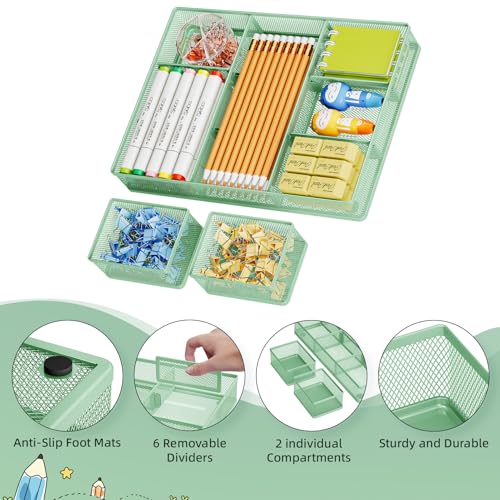 Marbrasse 3 Packs Desk Drawer Organizers, Metal Mesh Dividers with 9 Adjustable Compartments, Pen Organizer for Drawer Tray Box Accessories for Desktop,Kitchen, Makeup(Green) - color: Green